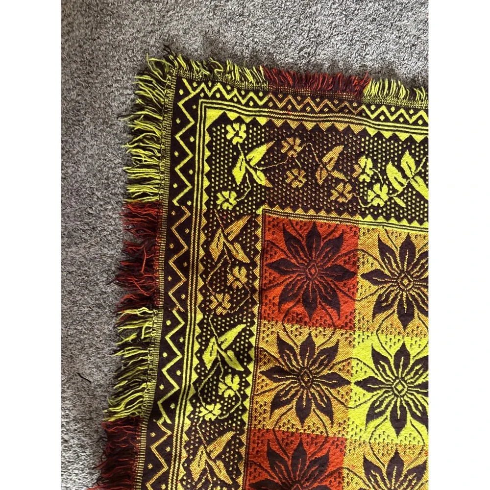 Vintage Polish Folk Wool Blanket Jacquard Floral Geometric Throw. Boho. Autumn.